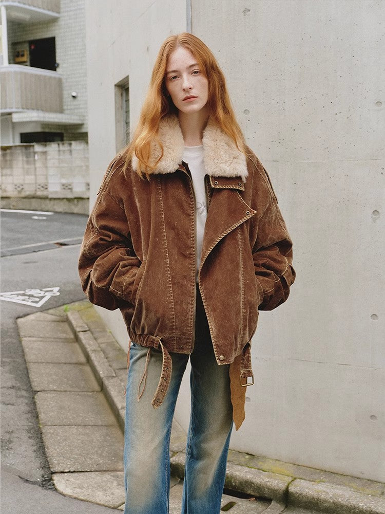 Fireladyfur Women's Distressed Denim Down Jacket | Wool Collar“City