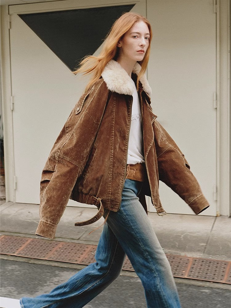 Fireladyfur Women's Distressed Denim Down Jacket | Wool Collar“City