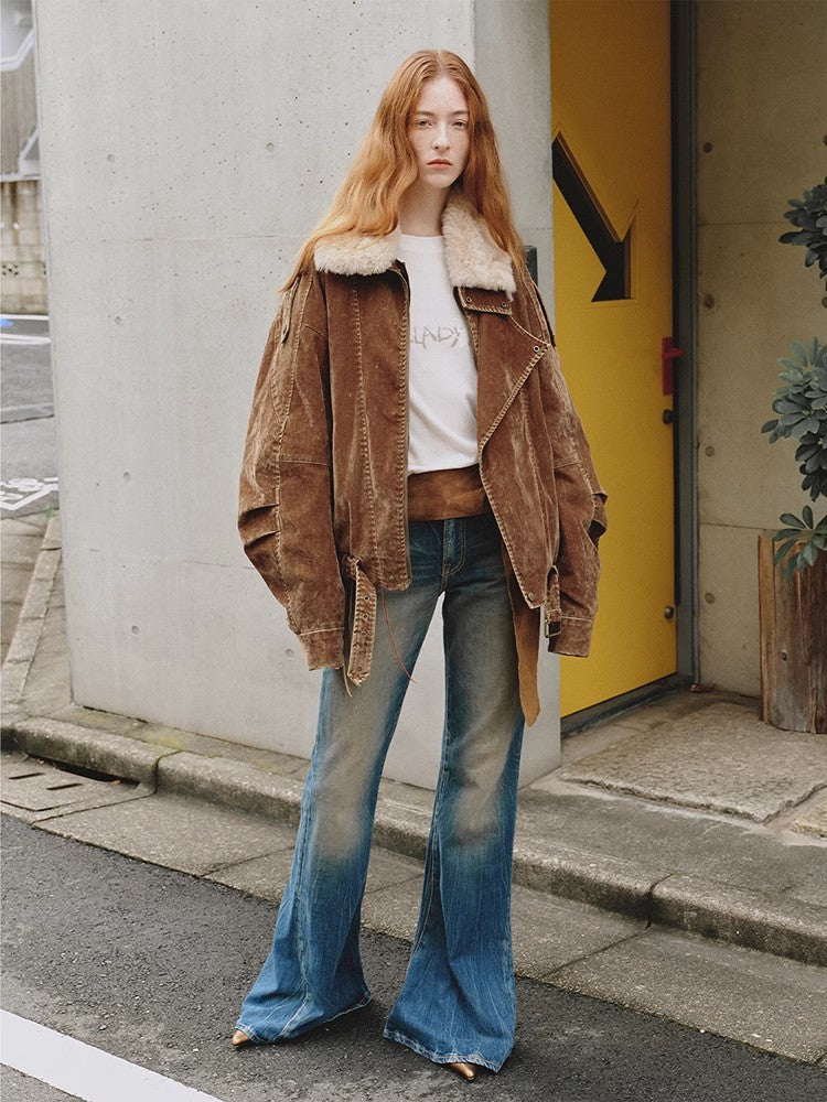 Fireladyfur Women's Distressed Denim Down Jacket | Wool Collar“City