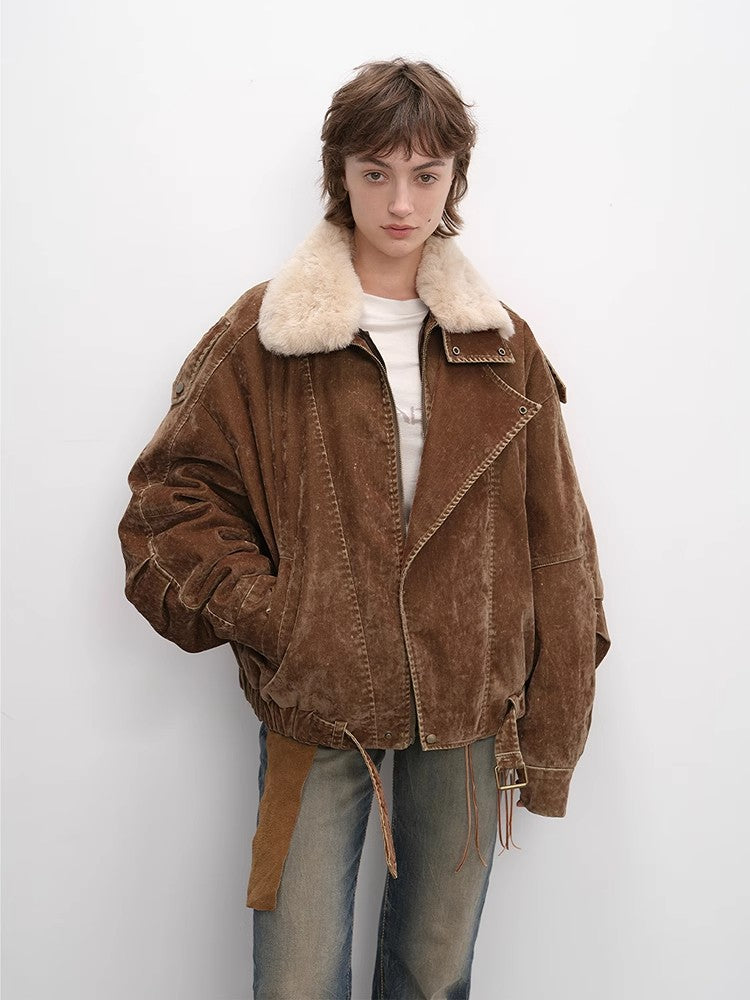 Fireladyfur Women's Distressed Denim Down Jacket | Wool Collar“City