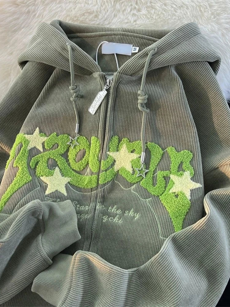 Fashion Embroidery Zip Up Streetwear Hoodies