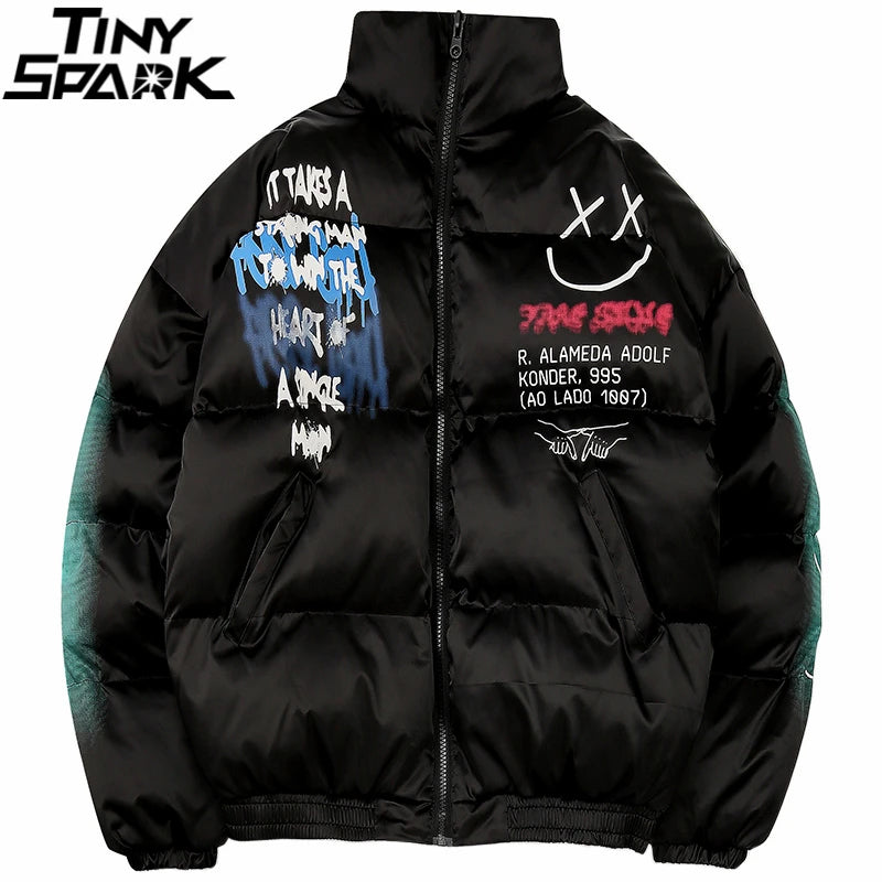 Graffiti Print Men Streetwear Winter Padded Coat