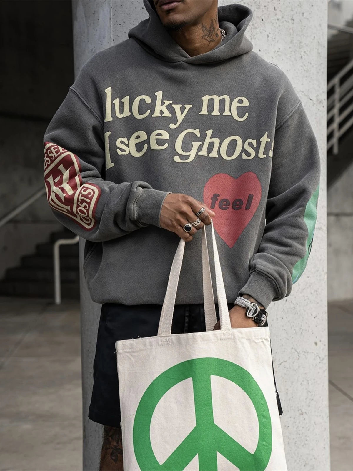 Lucky Me Foam Print Oversize Loose Streetwear Hoodies