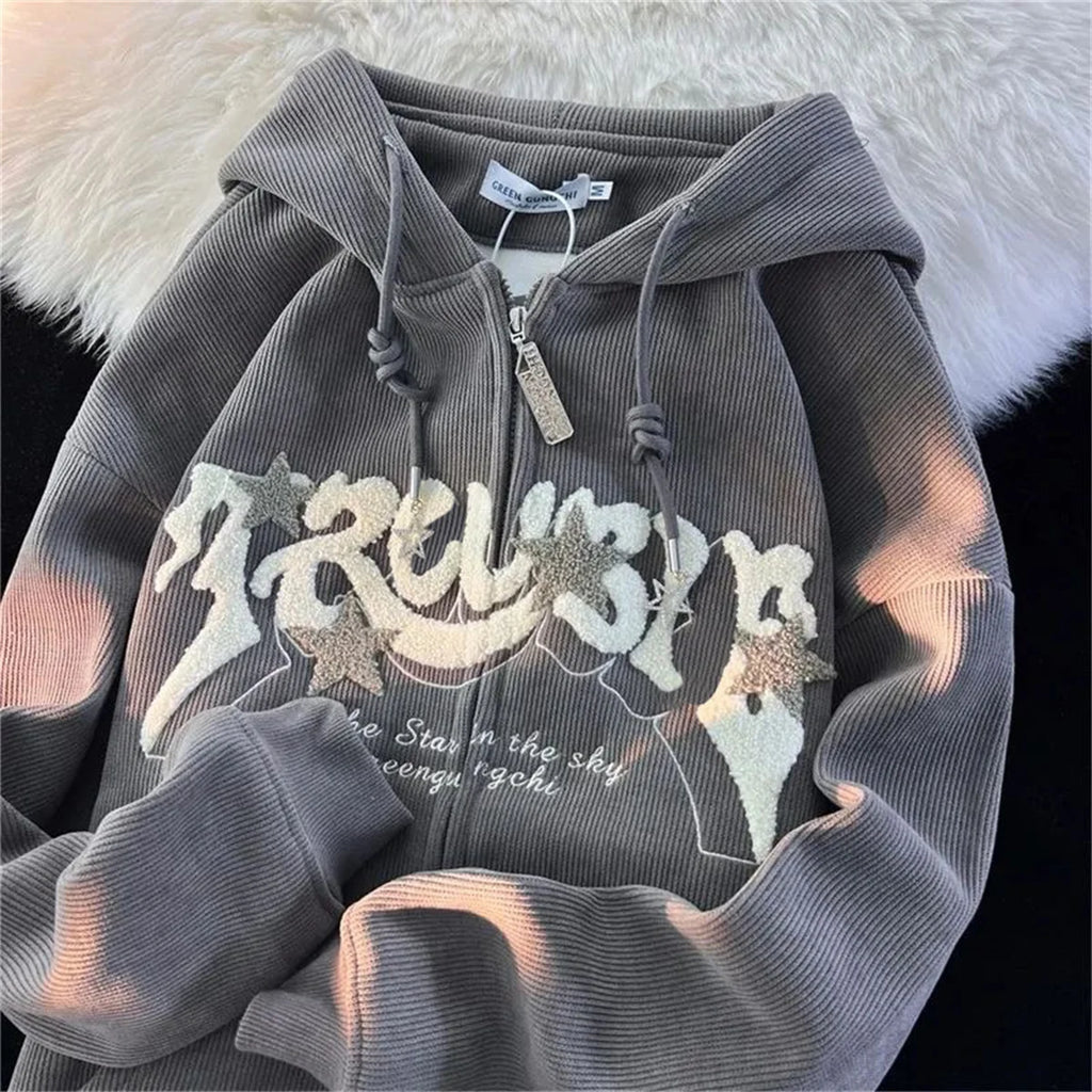 Fashion Embroidery Zip Up Streetwear Hoodies
