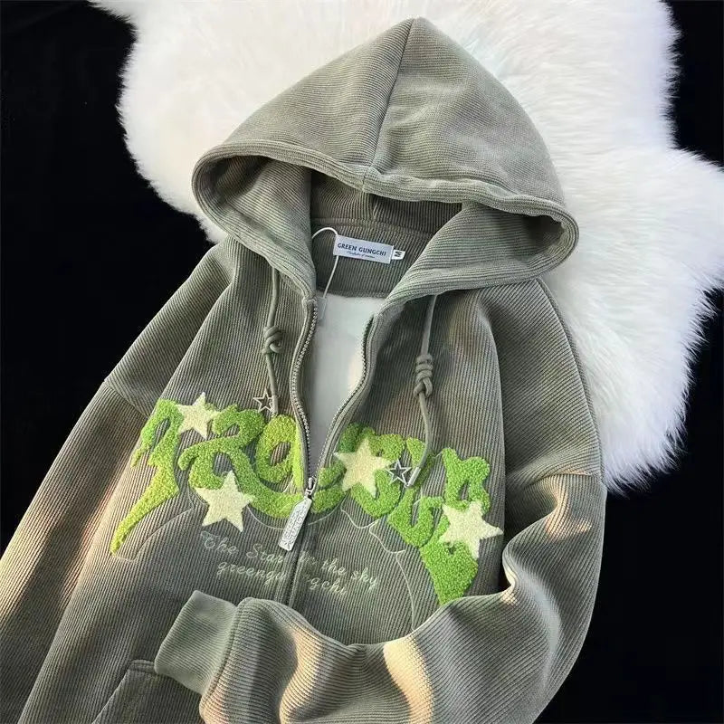 Fashion Embroidery Zip Up Streetwear Hoodies