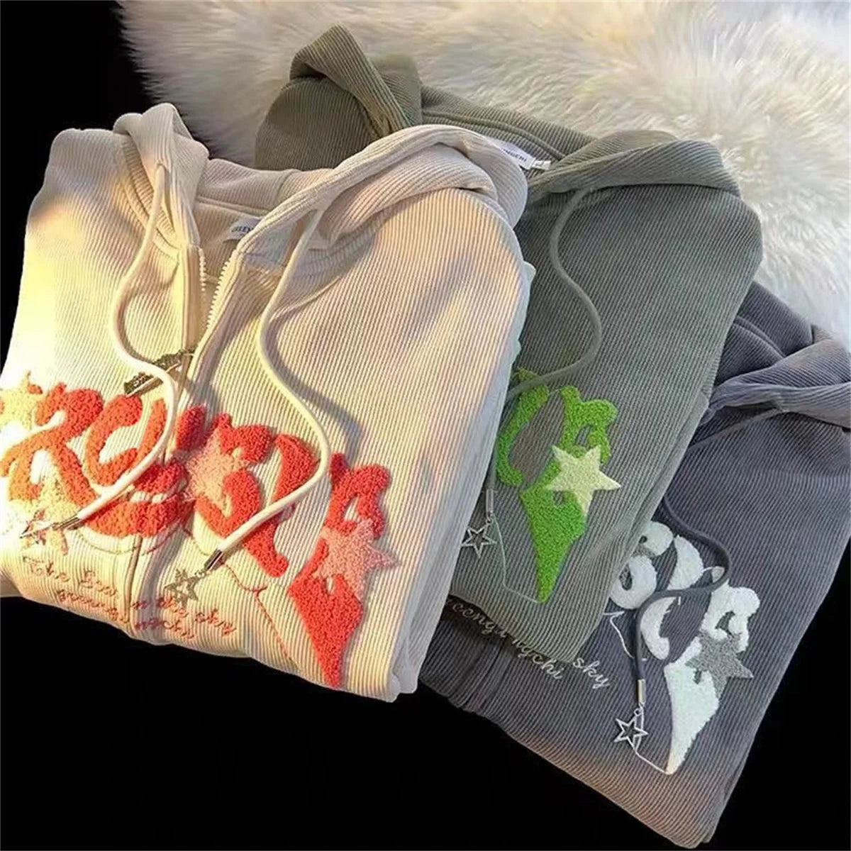Fashion Embroidery Zip Up Streetwear Hoodies