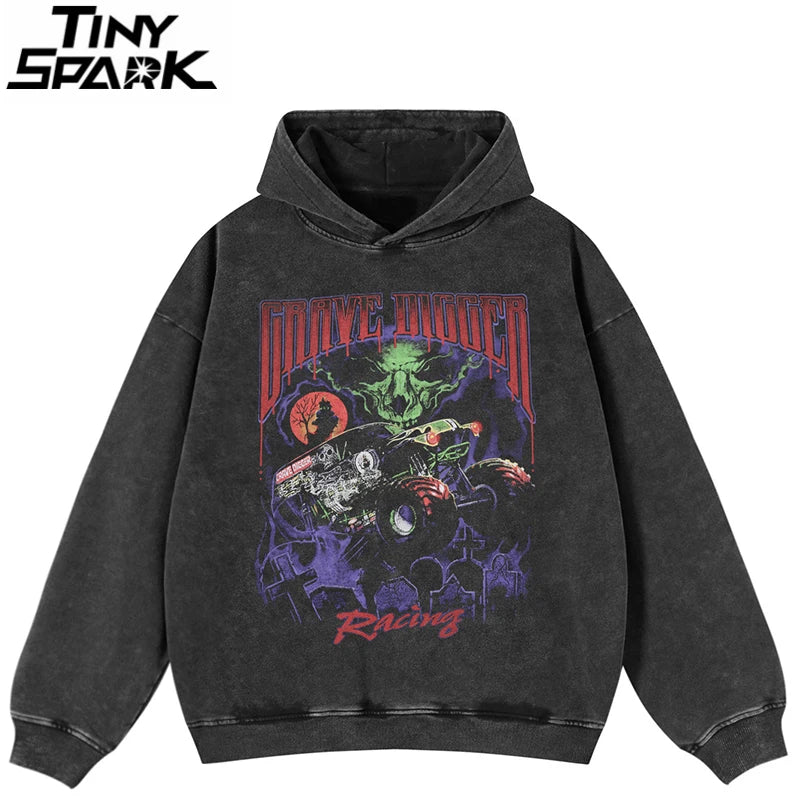 Grave Digger Graphic Washed Black Hooded Pullover Heavy Cotton