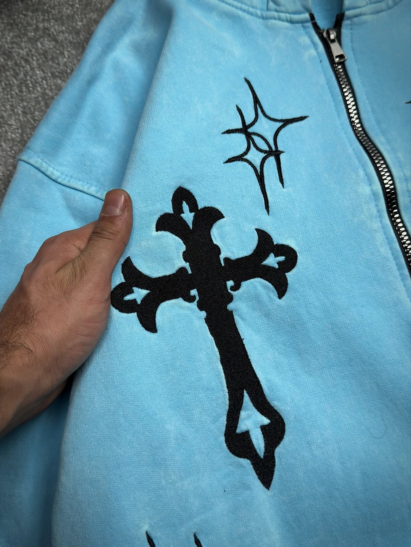 Retro Street Star Cross Embroidery Oversized Cotton Zip Up Hoodies