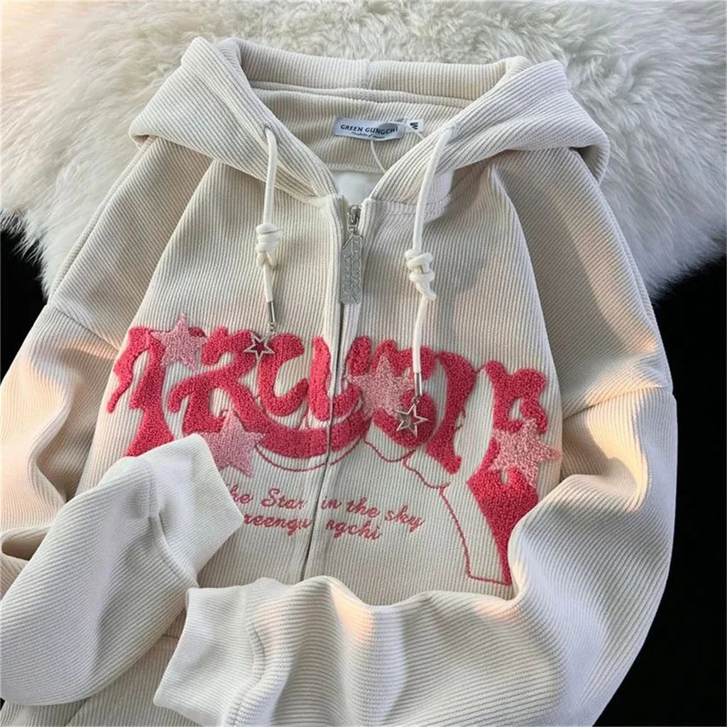 Fashion Embroidery Zip Up Streetwear Hoodies