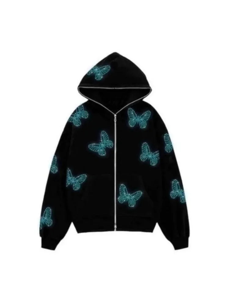 Butterfly Black Zip Up Hoodie Streetwear