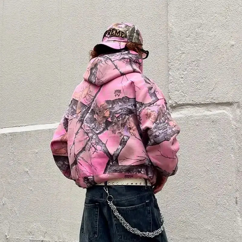 Fall Ready Pink Branch Camo Print Streetwear Hoodie