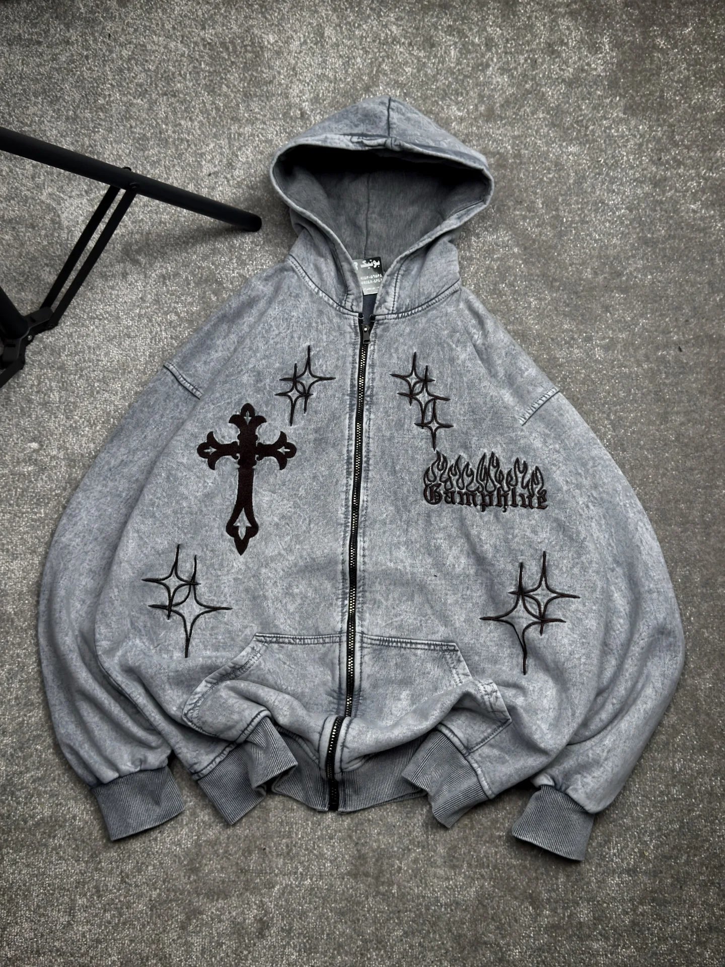 Retro Street Star Cross Embroidery Oversized Cotton Zip Up Hoodies