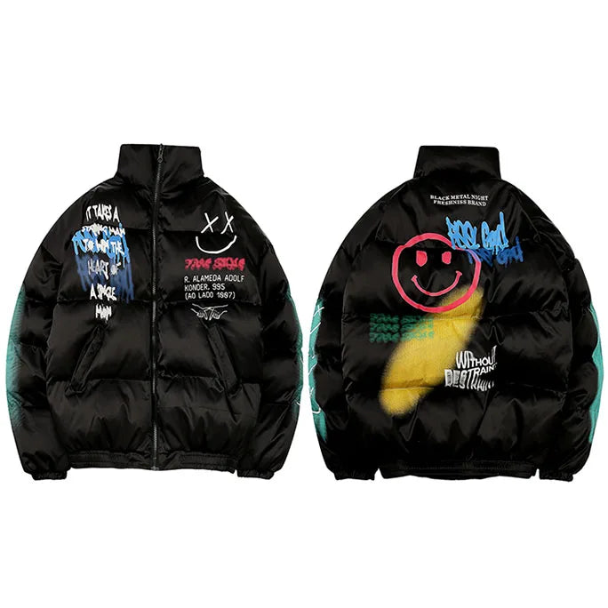Graffiti Print Men Streetwear Winter Padded Coat