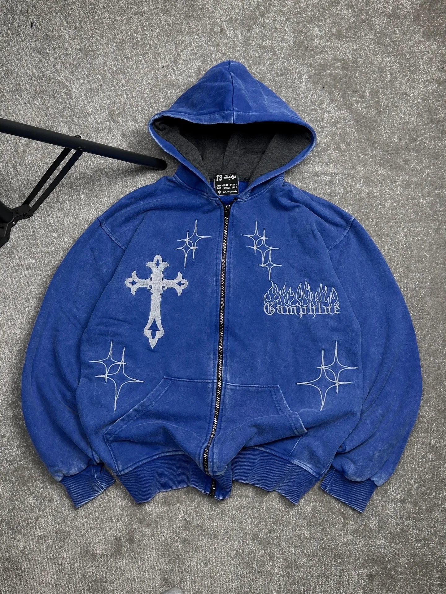 Retro Street Star Cross Embroidery Oversized Cotton Zip Up Hoodies
