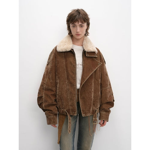 Fireladyfur Women's Distressed Denim Down Jacket | Wool Collar“City