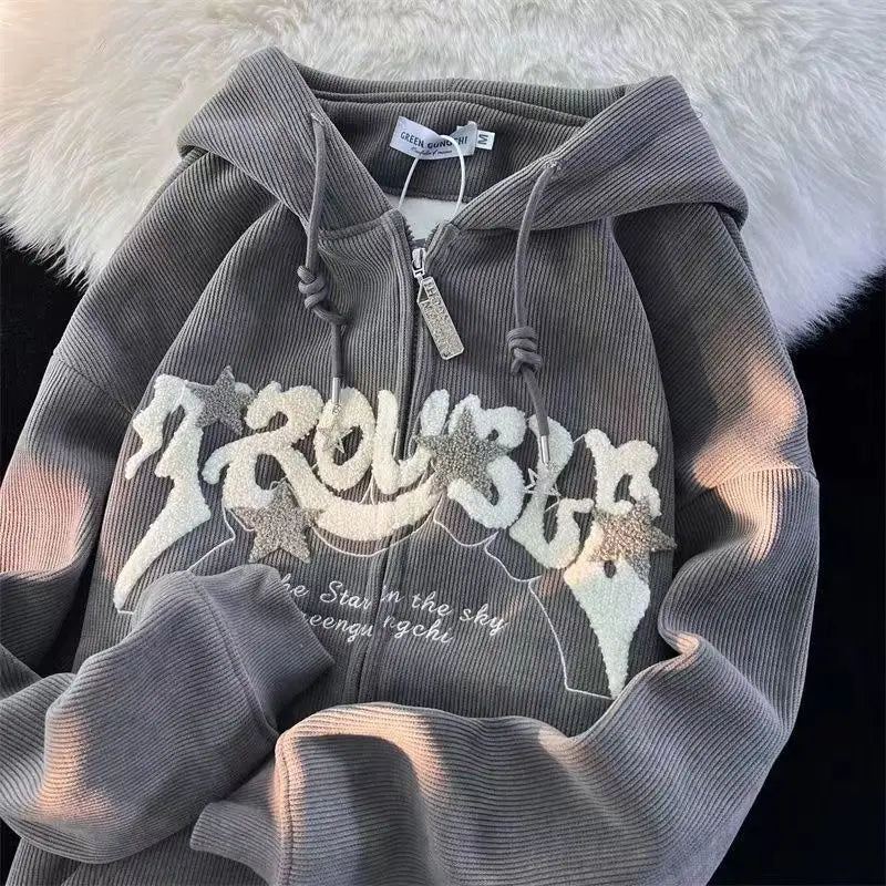 Fashion Embroidery Zip Up Streetwear Hoodies