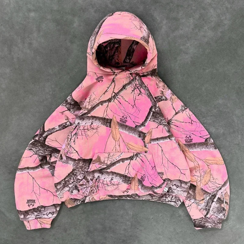 Fall Ready Pink Branch Camo Print Streetwear Hoodie