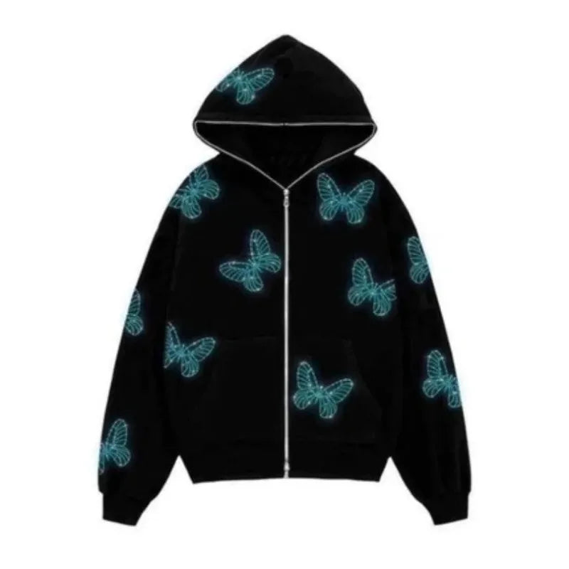 Butterfly Black Zip Up Hoodie Streetwear