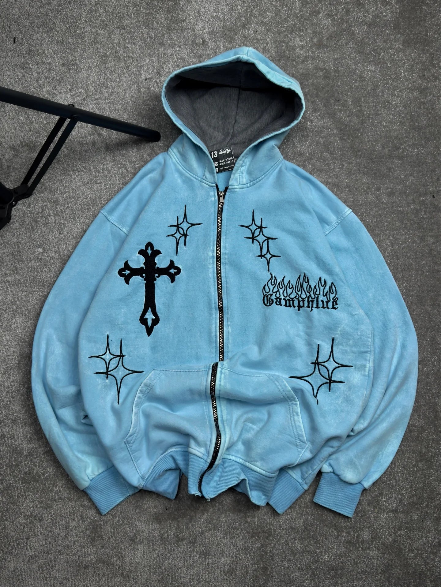 Retro Street Star Cross Embroidery Oversized Cotton Zip Up Hoodies