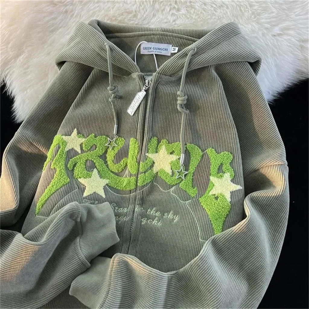 Fashion Embroidery Zip Up Streetwear Hoodies