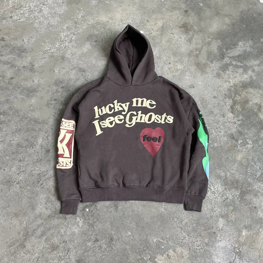 Lucky Me Foam Print Oversize Loose Streetwear Hoodies