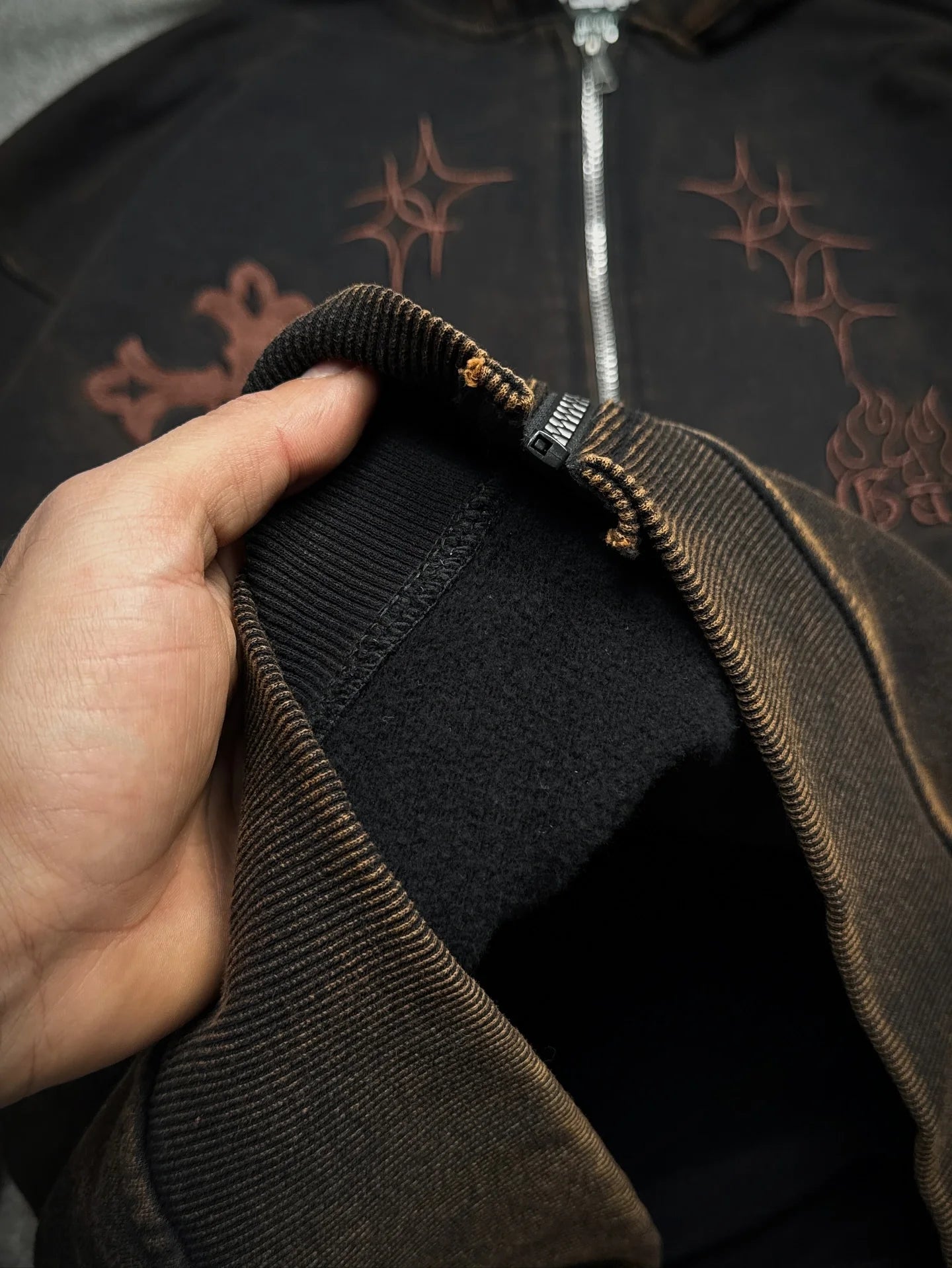 Retro Street Star Cross Embroidery Oversized Cotton Zip Up Hoodies