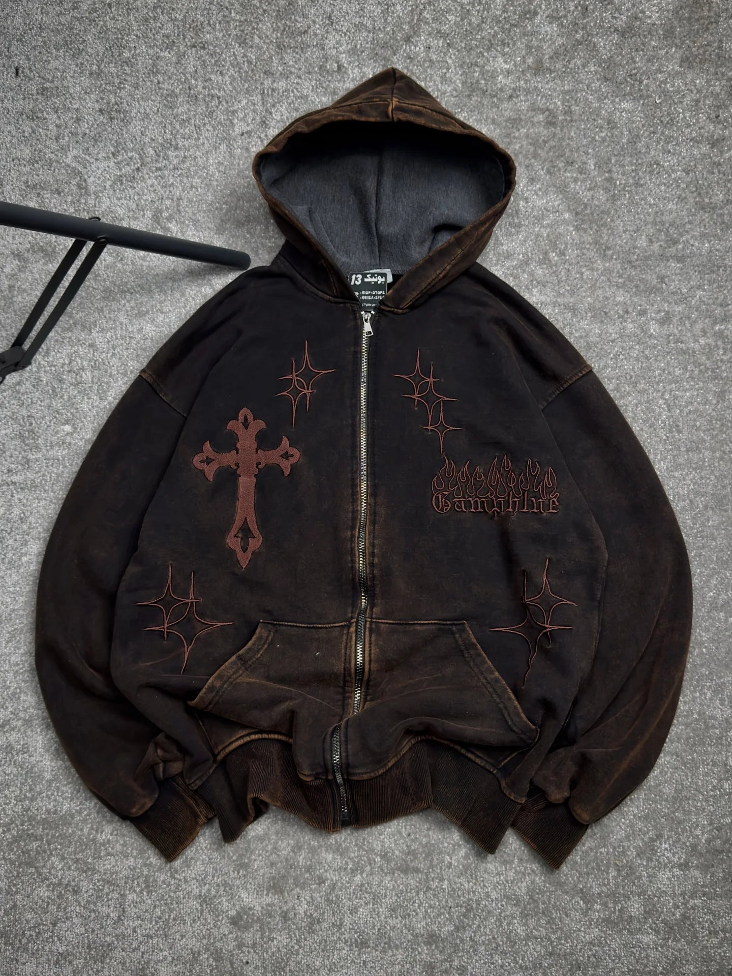 Retro Street Star Cross Embroidery Oversized Cotton Zip Up Hoodies